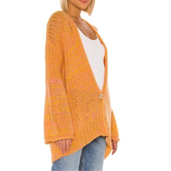 Free People Home Town Cardi Open Knit Yellow Combo Wool Alpaca Acrylic Blend New - Picture 5 of 6